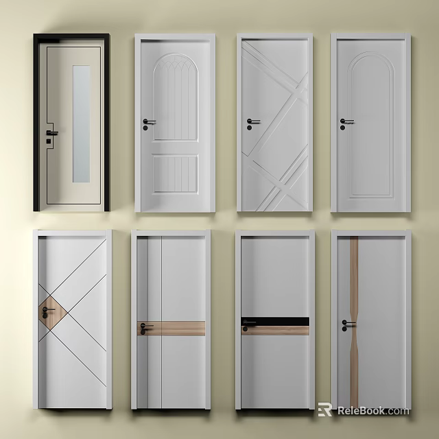Assorted White Swing Door Designs Featuring Decorative Panels And Patterns 3d model