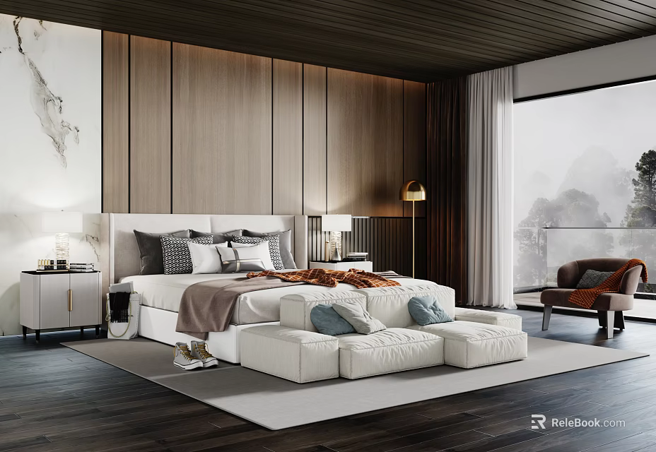 Modern Bedroom Interior With Wooden Walls Large Bed Floor Lamp And Mountain View Window 3d model 