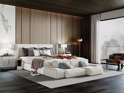 Modern Bedroom Interior With Wooden Walls Large Bed Floor Lamp And Mountain View Window 3d model