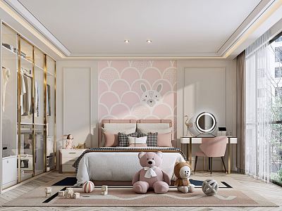 Light Luxury Children's Room Daughter Children's Room Double Bedside Table Dressing Table Doll Wardrobe Curtain 3d model