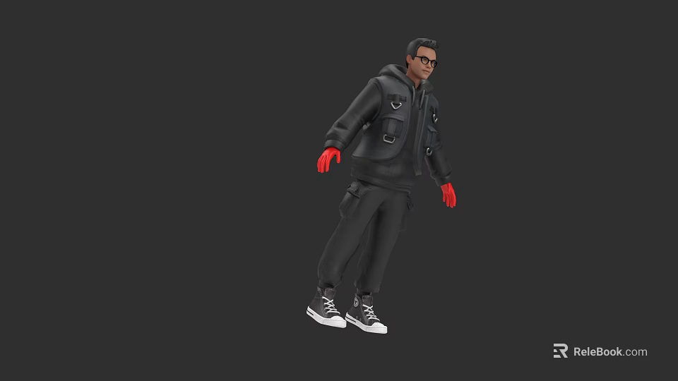 A Man In Black Hooded Jacket Black Pants Red Gloves Sunglasses On Gray Background 3d model 