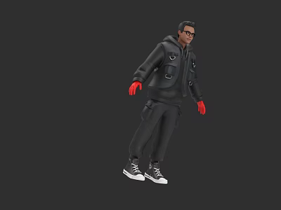 A Man In Black Hooded Jacket Black Pants Red Gloves Sunglasses On Gray Background 3d model