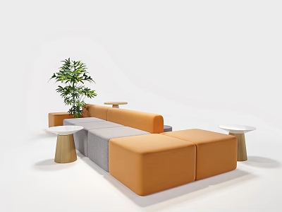 Modern Public Chair With Orange And Gray Sofa Small Tables And Green Plant In Lounge 3d model