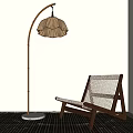 Minimalist Floor Lamp with Linen Shade Next to Wooden Chair on Checkered Rug
