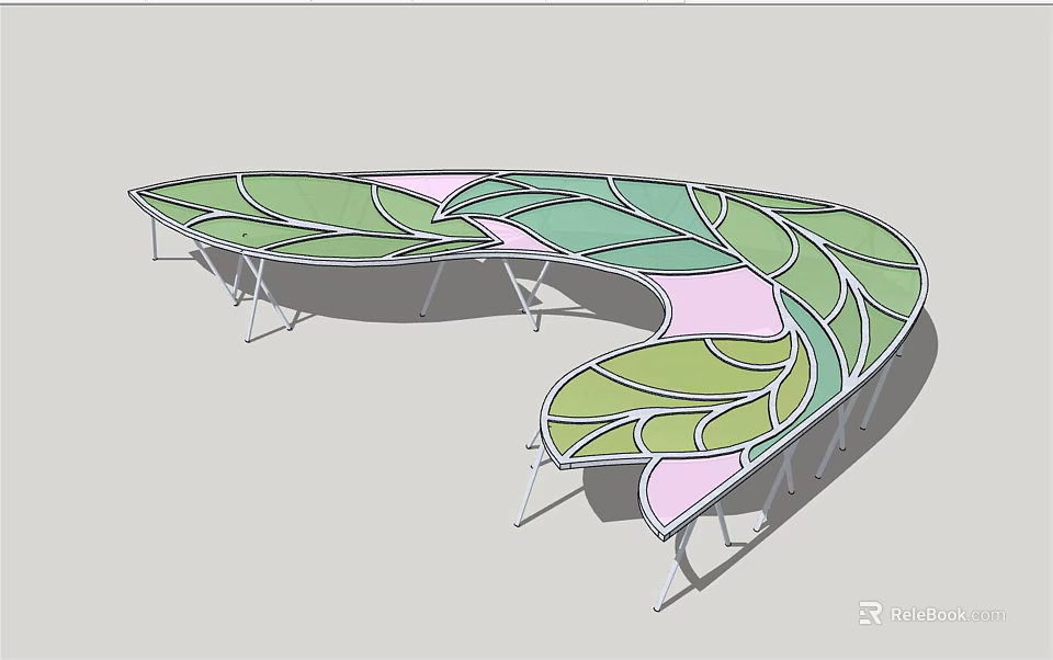 Modern Leaf Shaped Pergola with Green and Pink Panels and Curved Metal Supports 3d model 