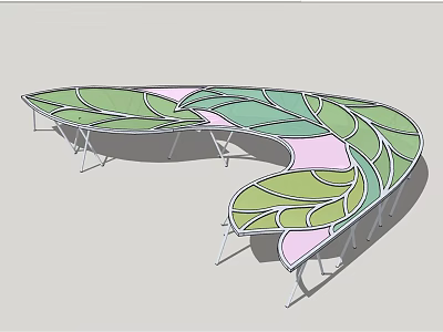 Modern Leaf Shaped Pergola with Green and Pink Panels and Curved Metal Supports 3d model