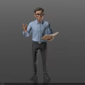 Man Wearing Glasses Blue Shirt Gray Pants Holding Open Book With Right Hand Gesturing