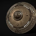 Decorative Round Metal Shield With Intricate Celtic Knots And Central Animal Head