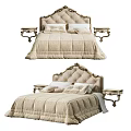 Elegant Beige Double Bed With Carved Headboard Quilted Bedspread And Bedside Tables