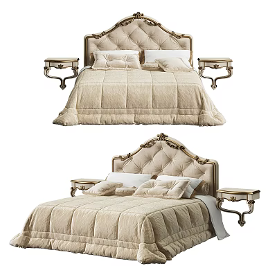 Elegant Beige Double Bed With Carved Headboard Quilted Bedspread And Bedside Tables 3d model