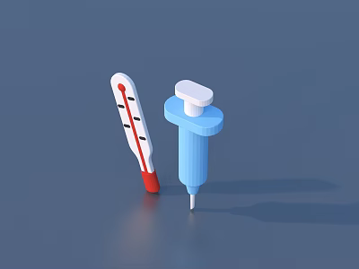 Red and White Thermometer With Blue Syringe Medical Supplies on Blue Surface 3d model