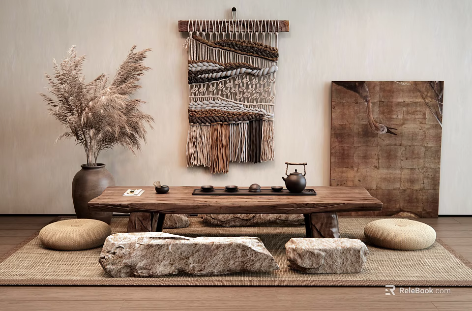 Rustic Wooden Tea Table with Stone Stools Tea Set Floor Cushions and Macrame Wall Decor 3d model