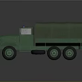 Green Military Truck With Canvas Cover Multiple Wheels And Blue Warning Light