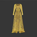 Elegant Yellow Long Dress With Black Floral Pattern And Blue Cuffs