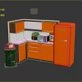 Modern Kitchen Furniture With Orange Cabinets Refrigerator Microwave Sink And Appliances