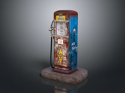 Vintage Gas Pump With Rustic Red Blue Finish Old NO Graffiti And Stone Base 3d model