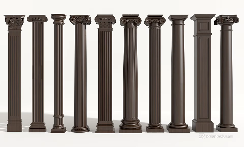 Dark Brown Roman Columns Featuring Various Architectural And Decorative Designs 3d model
