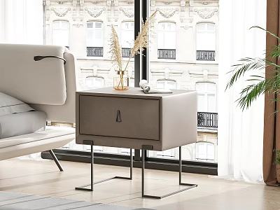 Modern Leather Upholstered Bedside Table With Metal Frame In Living Room Setting 3d model