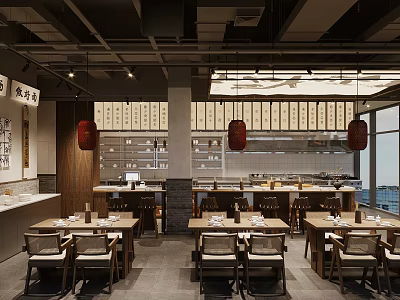 Japanese Style Restaurant Interior Featuring Wooden Tables Chairs Red Lanterns And Calligraphy Decorations 3d model