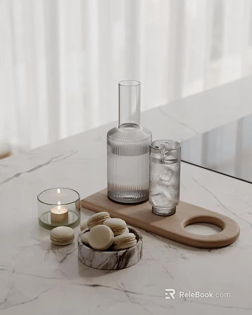 Decorative Ornament Set With Glass Carafe Tumbler Candle And Macarons On Wooden Tray Marble Countertop 3d model 