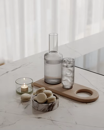Decorative Ornament Set With Glass Carafe Tumbler Candle And Macarons On Wooden Tray Marble Countertop 3d model
