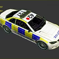 White Police Car With Blue And Yellow Stripes And Roof Lights Design