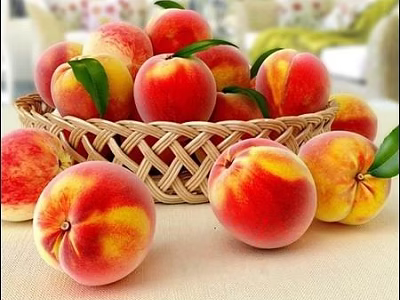 Fresh Ripe Peaches With Red Yellow Color In Wicker Basket And Green Leaves 3d model