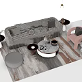Modern Gray Sofa Coffee Table Set With Round Coffee Table And Patterned Area Rug 3d model