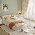 Plush Double Bed Near Window With Green Wall White Nightstands Yellow Pillows And Orange Blanket