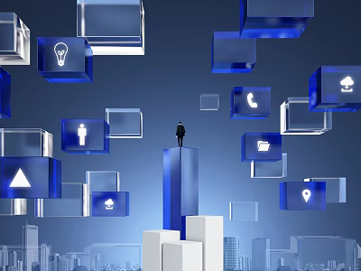 Person Standing on Platform Amid Floating Cubes With Tech Icons and City Skyline 3d model