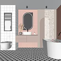 Contemporary Bathroom Interior Design With White Brown Tiles Round Mirror Bathtub And Geometric Floor Tiles