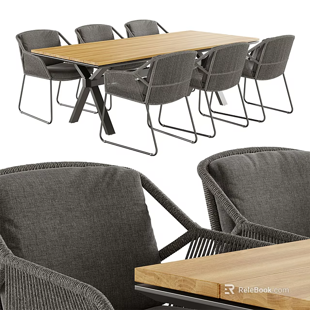 Modern Dining Set With Wooden Table Top And Gray Fabric Chairs 3d model 
