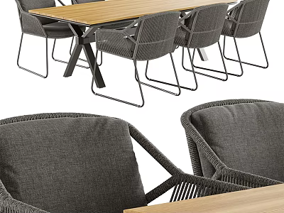 Modern Dining Set With Wooden Table Top And Gray Fabric Chairs 3d model