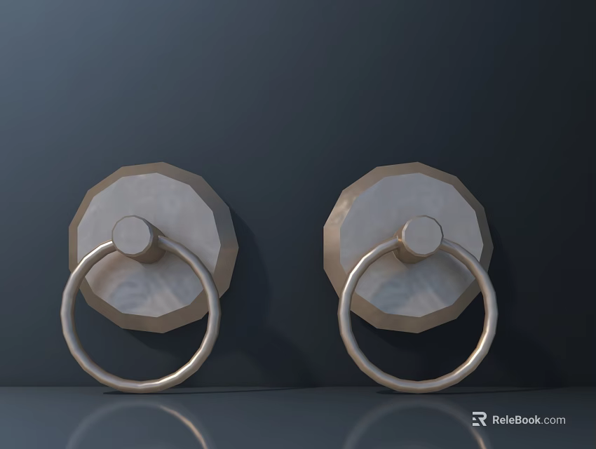Pair of Modern Brass Door Handles With Textured Circular Base and Ring Design 3d model 