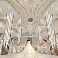 Luxurious Banquet Hall Interior with Crystal Chandeliers Elegant Stage Round Dining Tables and Floral Decorations