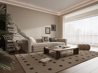 Modern Living Room With Beige Sofa Geometric Rug Green Plants And Floor To Ceiling Windows 3d model