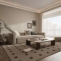 Modern Living Room With Beige Sofa Geometric Rug Green Plants And Floor To Ceiling Windows