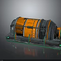 Orange And Silver Cylindrical Industrial Equipment With Green Support Frame On Metallic Platform Shiny Surface