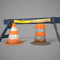 Blue Road Barrier With Yellow Warning Tape And Orange White Traffic Cones