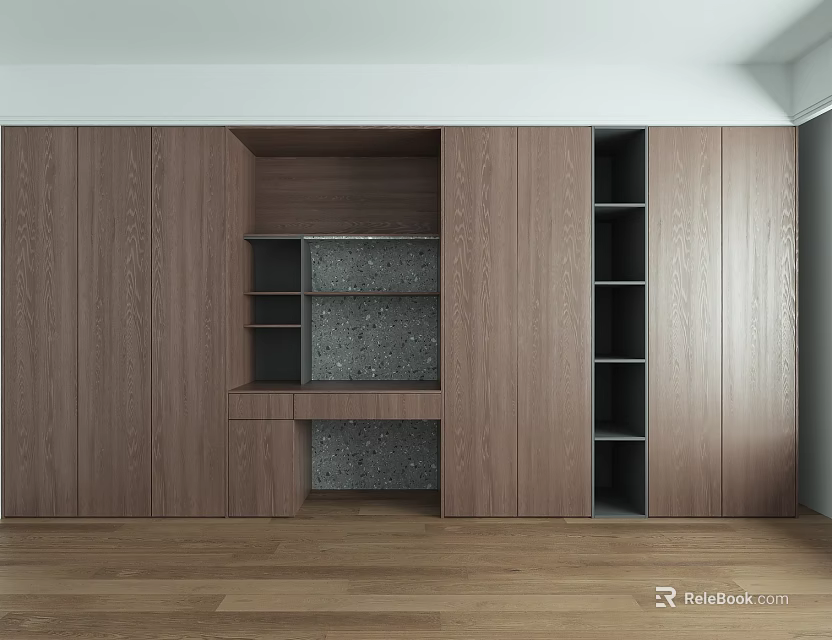Modern Wooden Wardrobe With Open Closed Storage Shelves And Stone Countertop 3d model 
