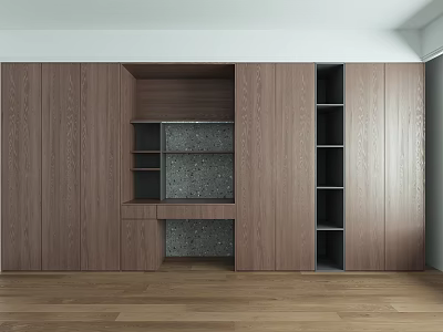 Modern Wooden Wardrobe With Open Closed Storage Shelves And Stone Countertop 3d model