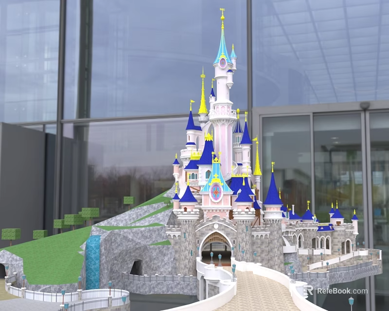 Cartoon Castle Scenery With Blue Spires Pink Towers Green Grass Waterfall And Pathway 3d model 