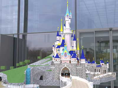 Cartoon Castle Scenery With Blue Spires Pink Towers Green Grass Waterfall And Pathway 3d model