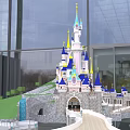 Cartoon Castle Scenery With Blue Spires Pink Towers Green Grass Waterfall And Pathway