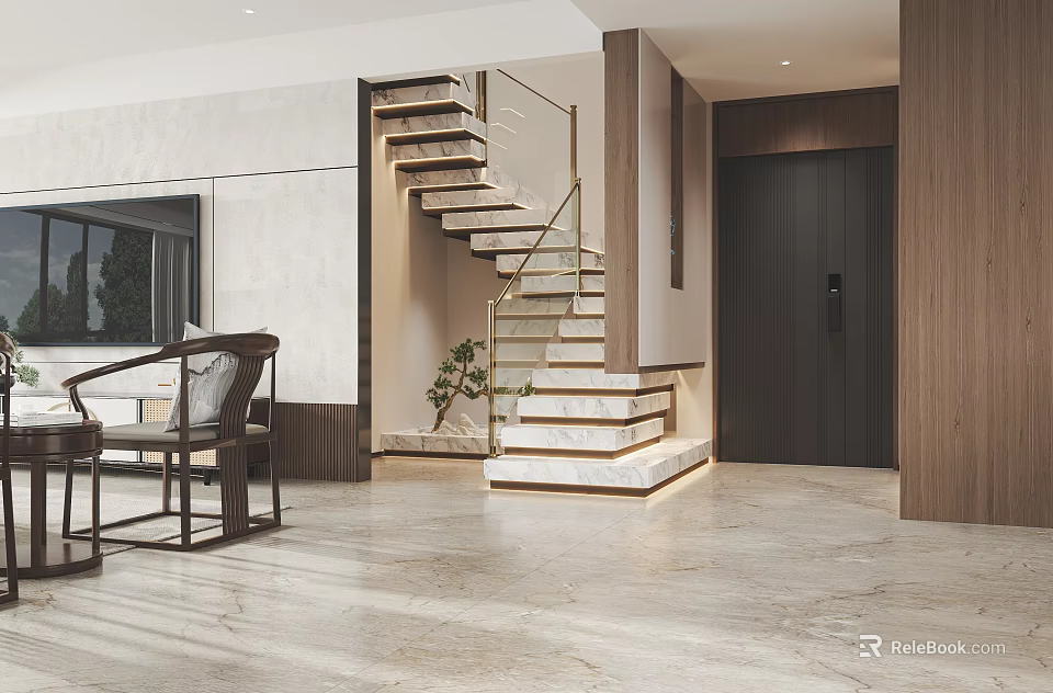 Living Room Interior With Wooden Staircase Marble Flooring And Floor To Ceiling Window Armchair 3d model 