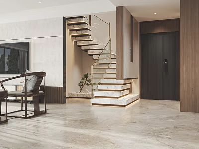 Living Room Interior With Wooden Staircase Marble Flooring And Floor To Ceiling Window Armchair 3d model