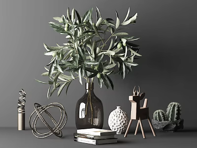Modern Minimalist Decorative Ornament Set with Olive Branch Vase Geometric Ornament Deer Figurine Cactus Books 3d model
