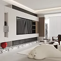 Modern Living And Dining Room Interior With TV Wall Wooden Shelves And Coffee Tables