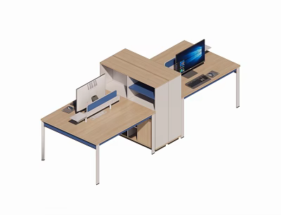 Modern L Shaped Office Desk With Computer Monitors Keyboard And Storage Cabinet 3d model