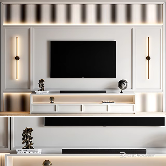 Modern Living Room TV Stand With Wall Mounted TV White Cabinets And Decorative Items 3d model 